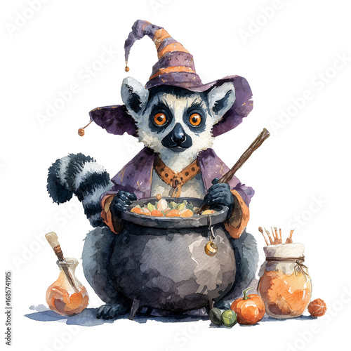 Halloween celebration, ghosts, Halloween lemur, Halloween greeting cards, pumpkin, candy, Halloween watercolor card, watercolor animals,funny Halloween animals