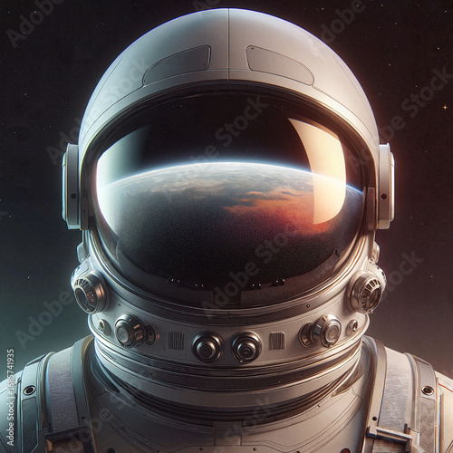 Realistic space suit illustration featuring an astronaut with a reflective visor and detailed design
