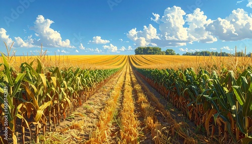 Corn stalks lined in endless golden rows under blue skies,