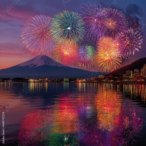 Fireworks explode over Mount Fuji at sunset, reflected in a calm lake