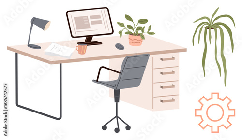 Office setup featuring desk with computer, lamp, chair, drawer, coffee mug, papers, potted plants, and cogwheel. Ideal for productivity workplace design remote work organization creativity