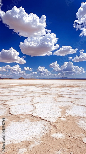 Vast salt flat under a deep blue sky with scattered fluffy clouds, symbolizing infinity, purity, solitude, and timeless beauty