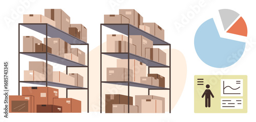 Organized shelving units with packed boxes, alongside analytics visuals including a pie chart and personal report infographic. Ideal for inventory, logistics, storage, warehousing, organization