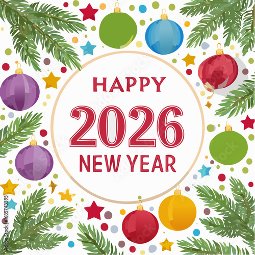 Happy New Year 2026 with festive ornaments and evergreen branches celebrating the upcoming year