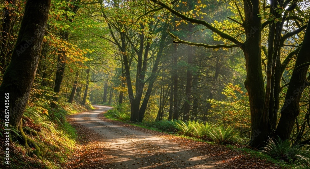 Naklejka premium Sunlight Through Trees Along a Forest Road in Autumn, Peaceful Nature Scene