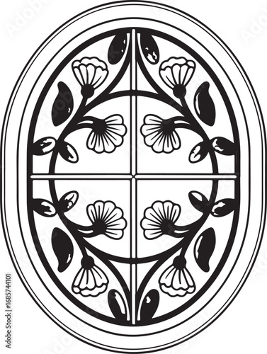 Ornate Oval Window with Floral Design and Geometric Divisions