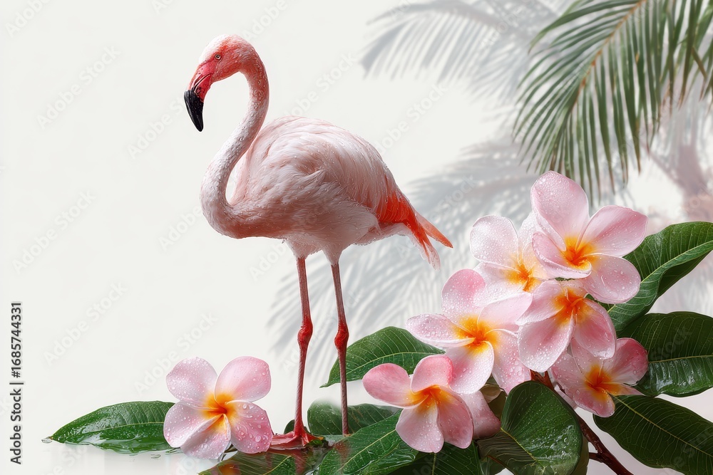 Fototapeta premium Tropical paradise featuring a pink flamingo standing gracefully among vibrant flowers and lush green foliage