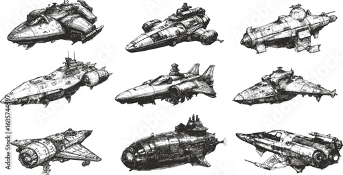 Collection of beautiful vector black spaceships isolated on white background. Vintage sketches with a lot of details.