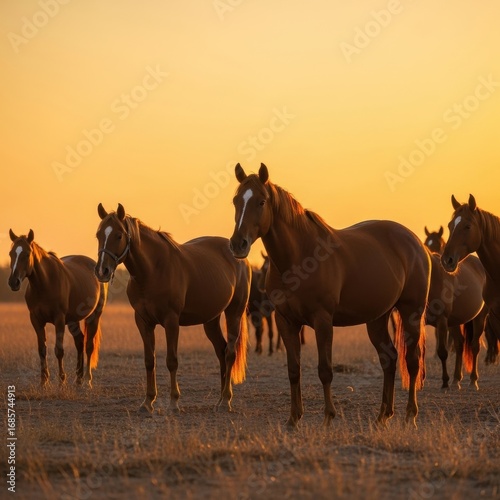 Majestic Herd of Horses Grazing Peacefully During a Warm Golden Sunset