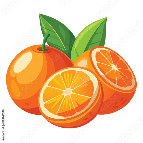 Fresh oranges with leaves and slices on white background