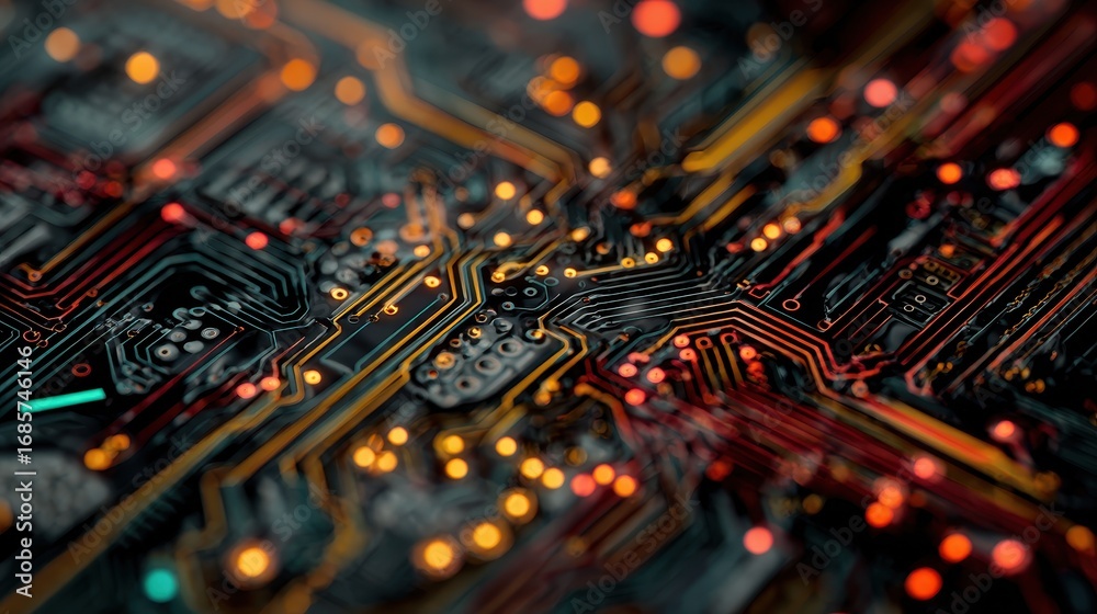 Fototapeta premium Close-up view of a colorful printed circuit board showcasing intricate designs and glowing lights