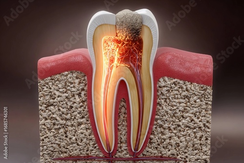 Illustration of tooth anatomy showing inner structures and nerve activity in dental health