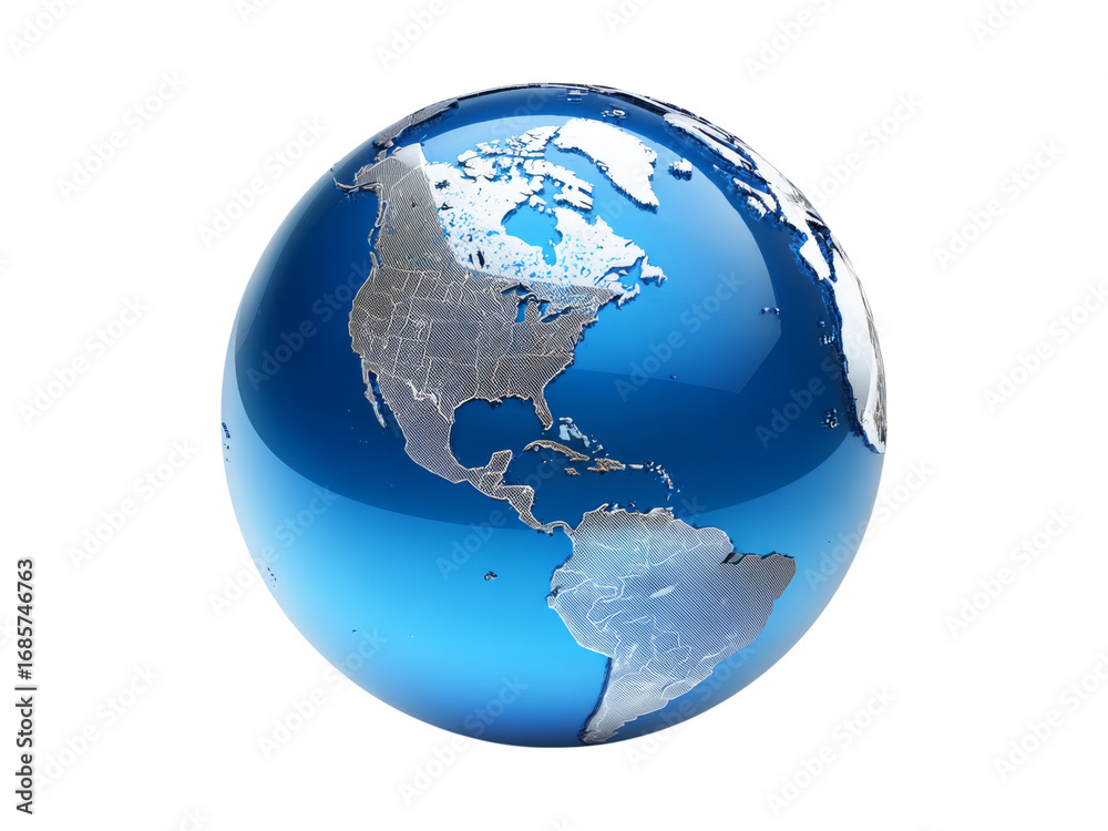 Naklejka premium Glossy blue earth globe north and south america, Isolated On white, Png Transparent