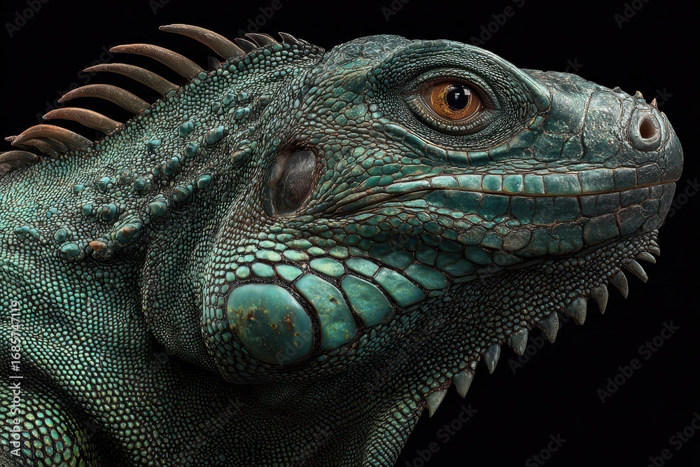 Fototapeta premium Close view of a small green iguana displaying vibrant scales and intricate details in natural habitat under dim lighting at dawn
