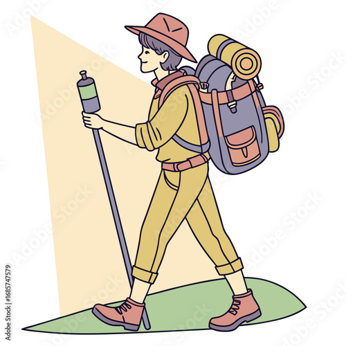 Cartoon hiker with backpack and walking stick on white background