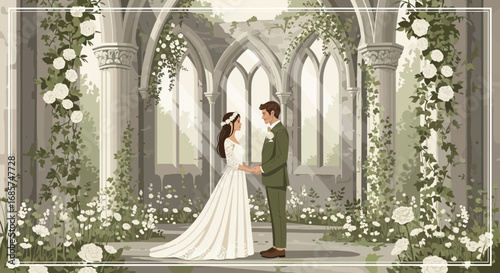 Romantic Wedding in a Botanical Cathedral Illustration with Elegant Bride and Groom Holding Hands