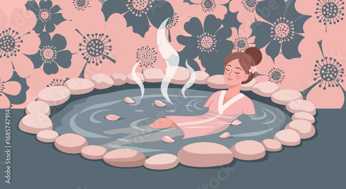 Woman relaxing in a hot spring with floral background creating a serene wellness scene