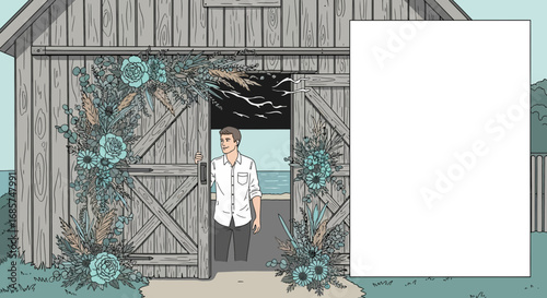 Coastal Barn Wedding Venue with Floral Decorations and Groom Illustration, offering a serene and