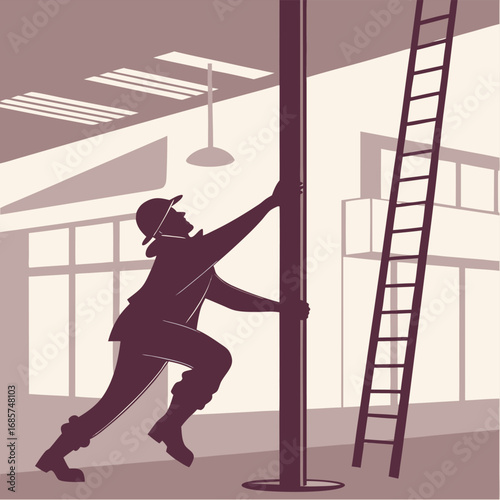 Firefighter climbing pole in stylized building interior