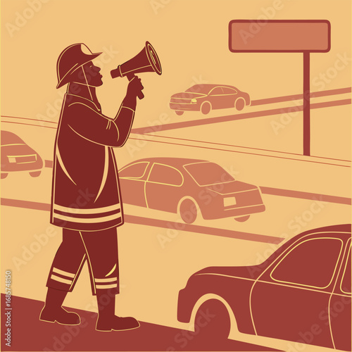 Firefighter Directing Traffic with Megaphone cars