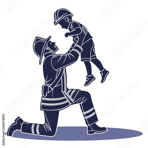 Firefighter holding up a child on white background