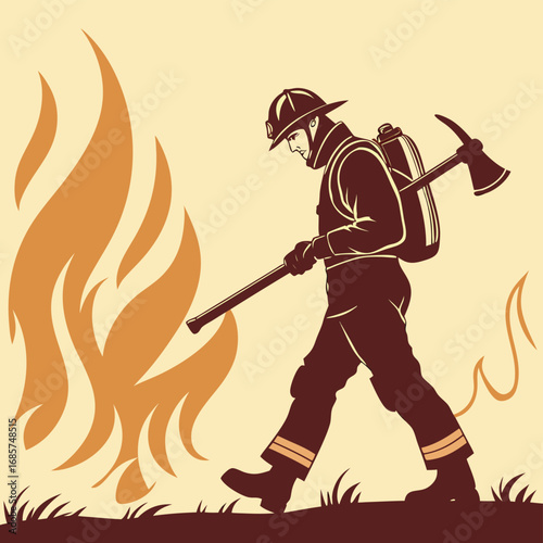 Firefighter with pickaxe walking past flames wildfire