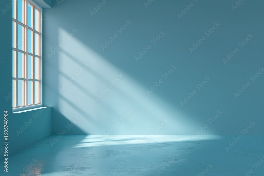 Fototapeta premium Light blue abstract background with natural sunlight casting shadows in a minimalist interior space ideal for product display and design elements