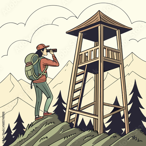 Hiker observes mountains from a wooden watchtower woman