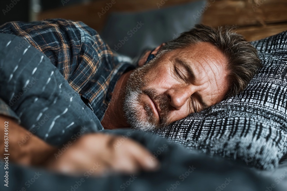 Obraz premium Man resting peacefully in bed wearing headphones during daytime hours
