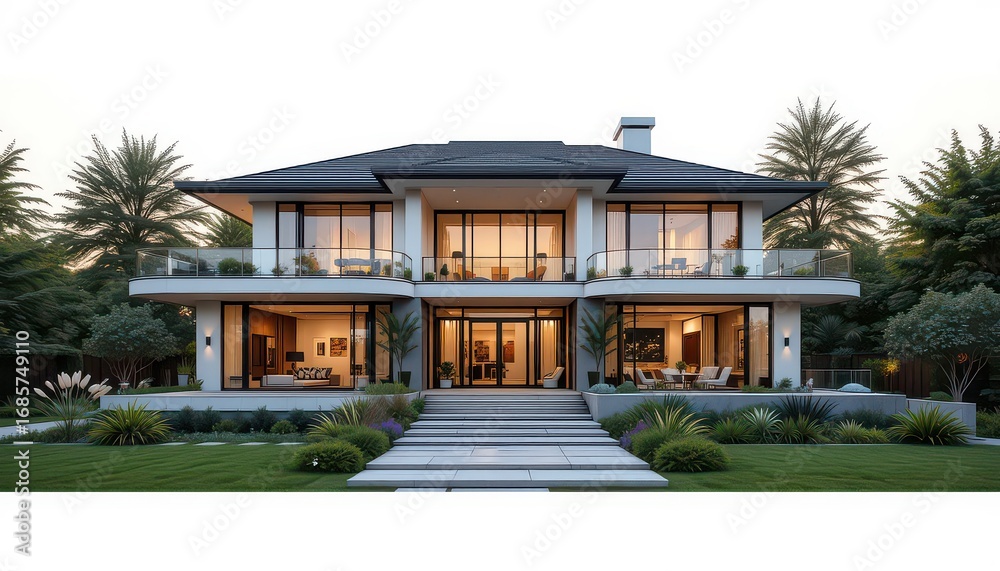 Fototapeta premium Stunning modern home with lush landscaping and elegant design elements for upscale living and luxury real estate appeal