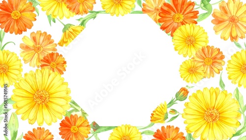 Floral frame of marigold flowers in orange and yellow