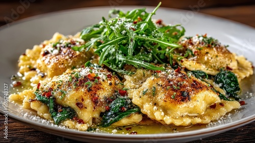 Gourmet Ravioli Pasta Dish with Arugula and Parmesan Cheese