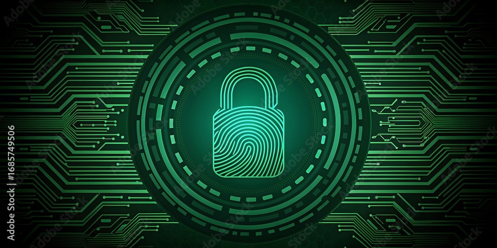 Obraz premium Futuristic Digital Fingerprint Lock with Cybersecurity Circuit Background.