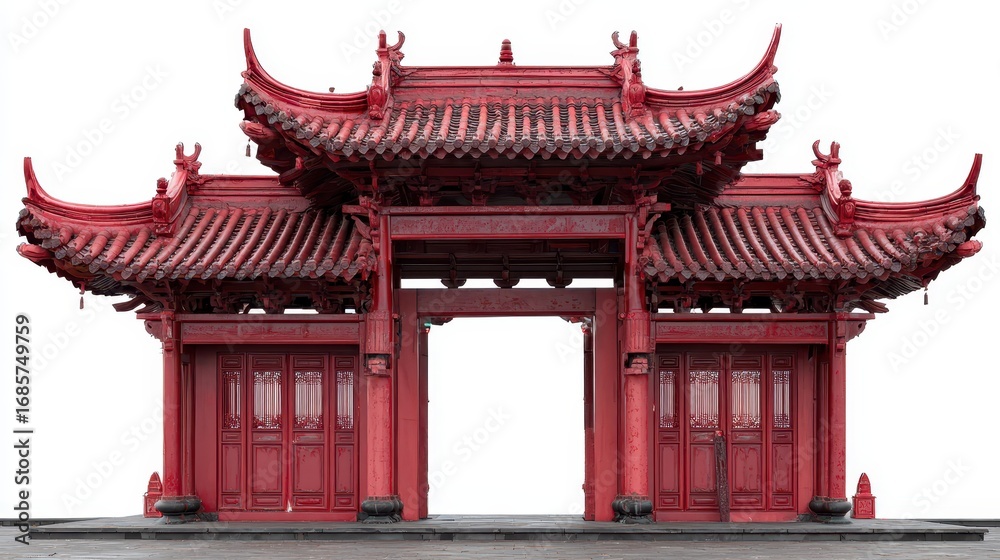 Naklejka premium Elegant red traditional Chinese architecture with intricate detailing in a serene setting enhances cultural beauty and heritage
