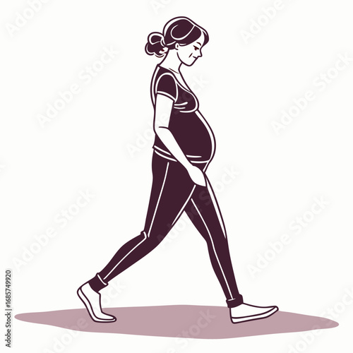 Pregnant woman walking in athletic wear on white background