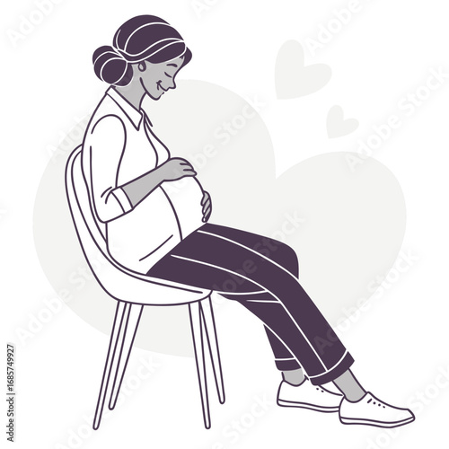 Pregnant woman sitting on chair holding belly with hearts