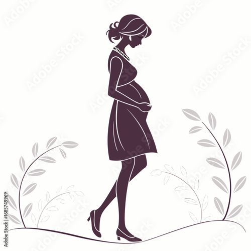 Pregnant woman walking with floral accents and pearl necklace
