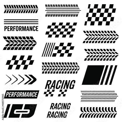 Racing Car Sticker Set with Checkered Flags and Speed Stripes – Vector Automotive Competition Elements for Kids Crafts, Scrapbooking, or Sports Car Designs
