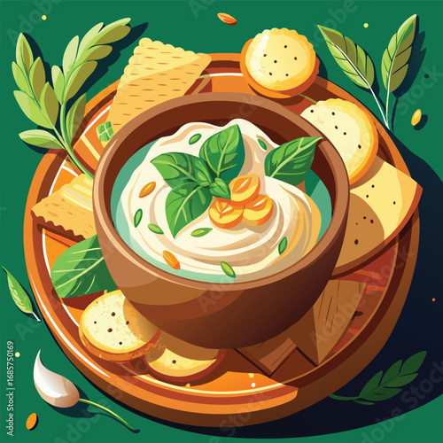 Delicious Creamy Dip with Fresh Herbs and Crunchy Snacks