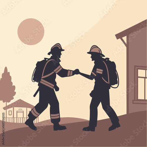 Two firefighters giving fist bump with houses and sun
