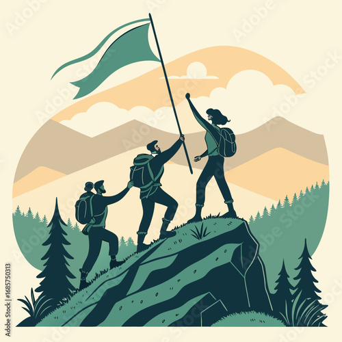 Three hikers plant a flag on a mountain peak hiking