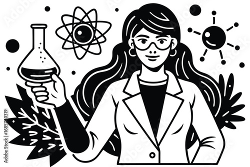 Young Woman Scientist in Lab Coat with Test Tube Illustration