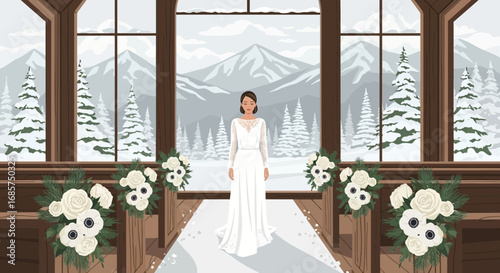 Elegant winter wedding scene featuring a bride in a snow covered chapel interior