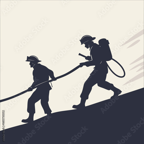 Two firefighters pulling a hose up a slope vector illustration