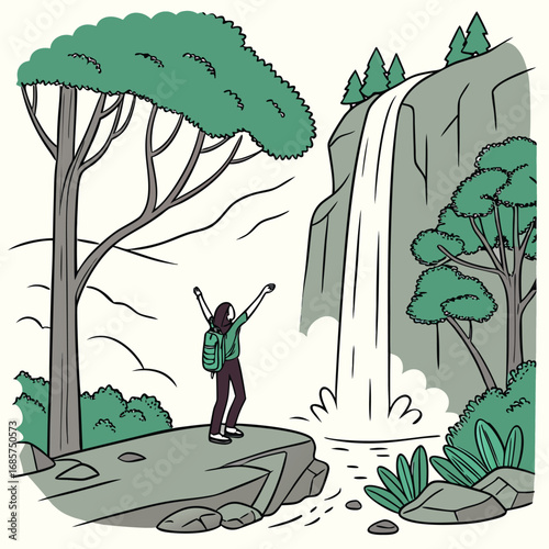 Woman with arms raised at a waterfall in a forest nature