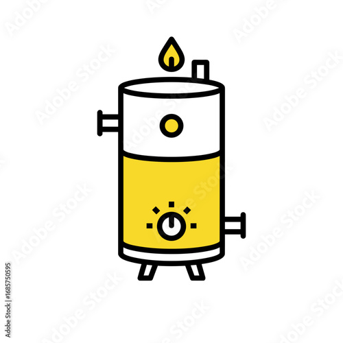 Vector illustration of a water heater with a flame and control dial in yellow and black on a transparent background