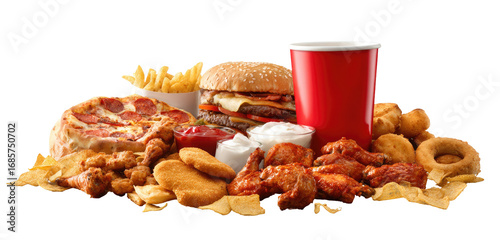 Assorted fast food items including pizza, burger, fries, chicken tenders, onion rings, and wings, all presented together with a large red cup of soda