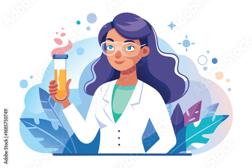 Young Woman Scientist in Lab Coat with Test Tube Illustration