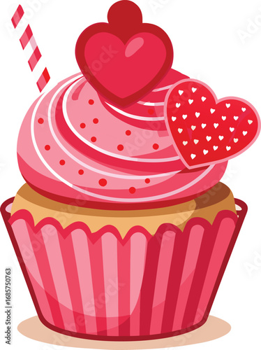 Vector art of delicious cupcake with pink frosting and heart decorations, sweet treat isolated