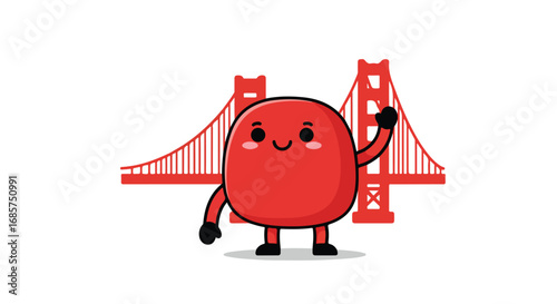 Cute cartoon character in front of golden gate bridge